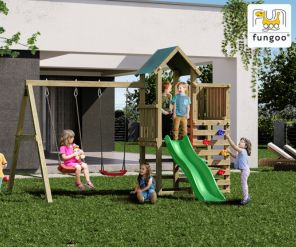 Fungoo Chester Mini Spielplatz mit Doppelschaukel, Rutsche, Kletterwand