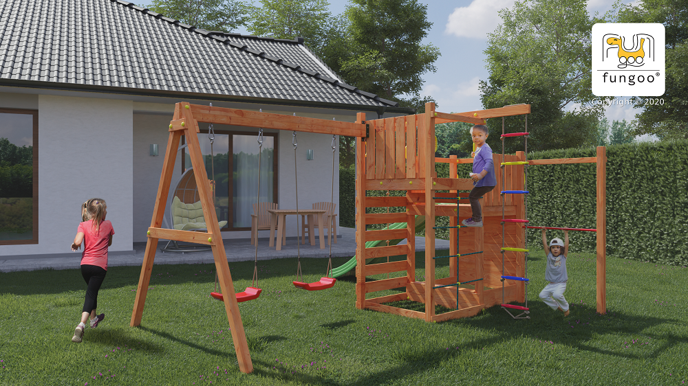 Fungoo Spielturm Climbing Star 3 mit Rutsche, Doppelschaukel und Kletternetz