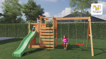 Fungoo Spielturm Climbing Star 3 mit Rutsche, Doppelschaukel und Kletternetz