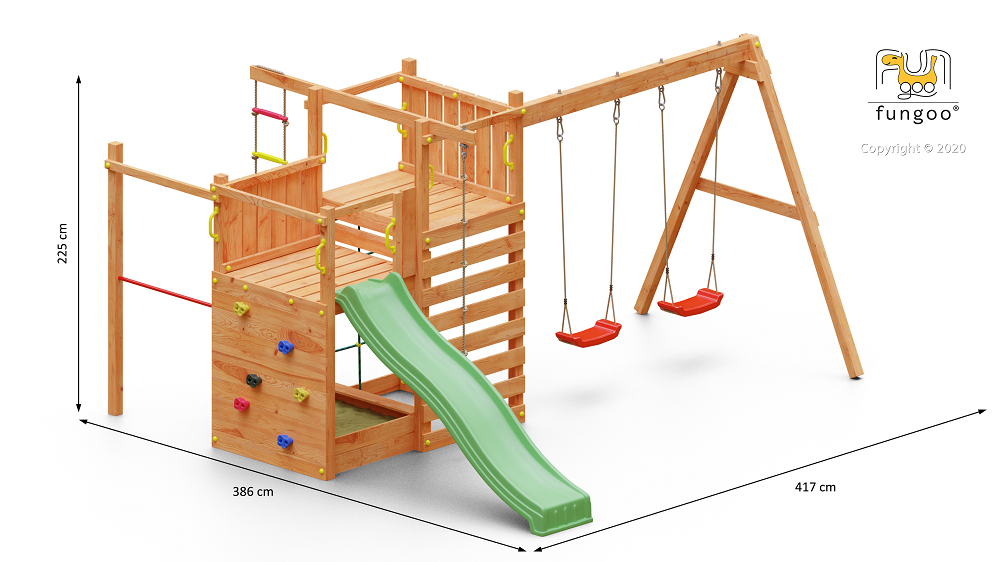 Fungoo Spielturm Climbing Star 3 mit Rutsche, Doppelschaukel und Kletternetz