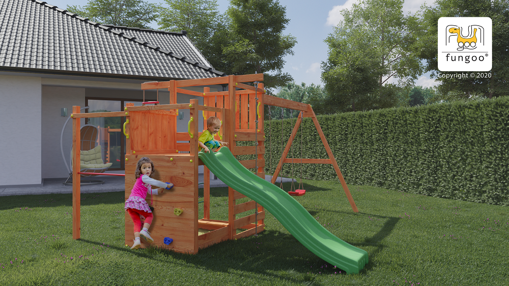 Fungoo Spielturm Climbing Star 3 mit Rutsche, Doppelschaukel und Kletternetz