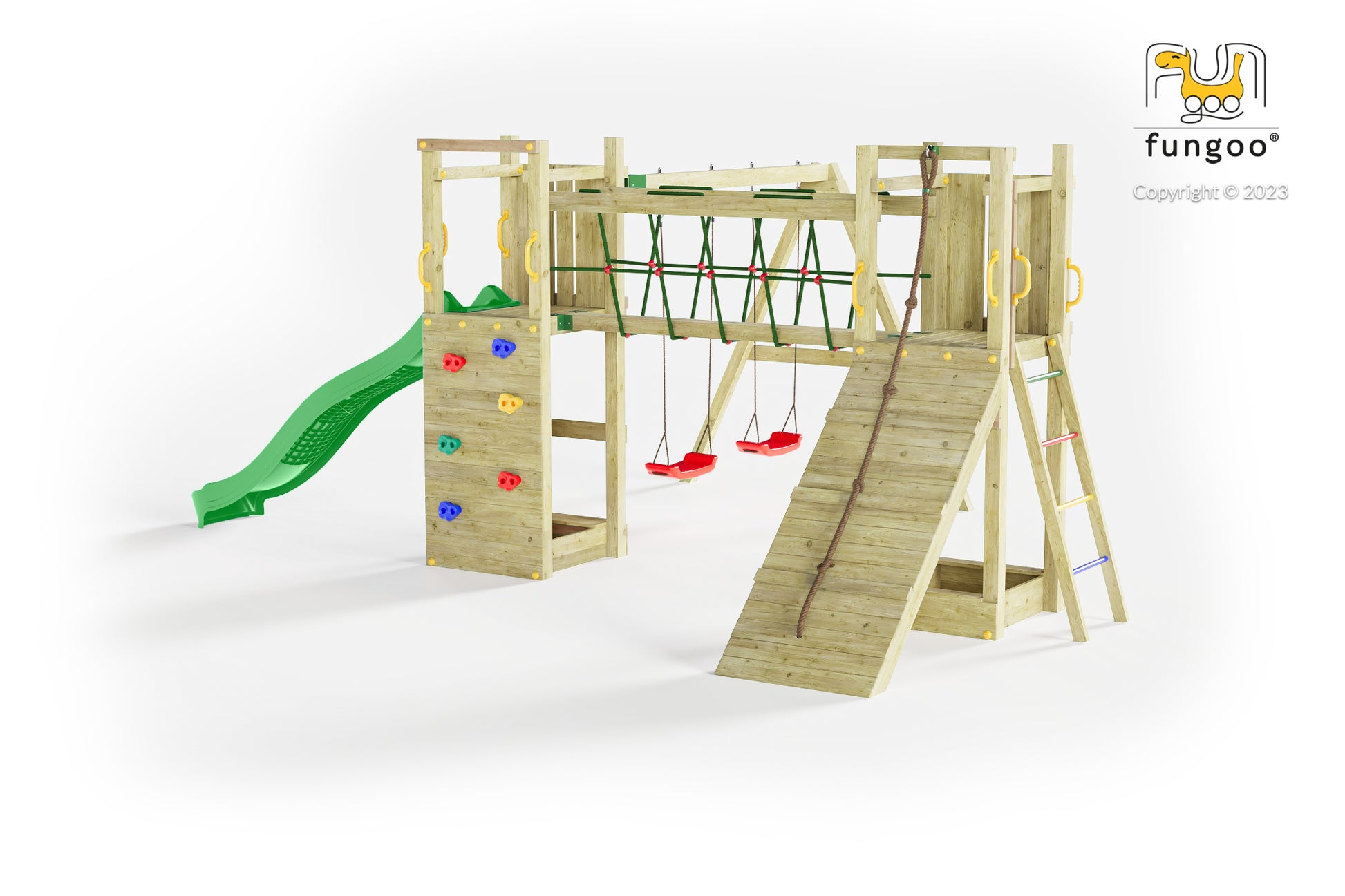 Fungoo Spielturm Maxi Funny Exposure mit 2 Türmen, Kletterwand und Rampe