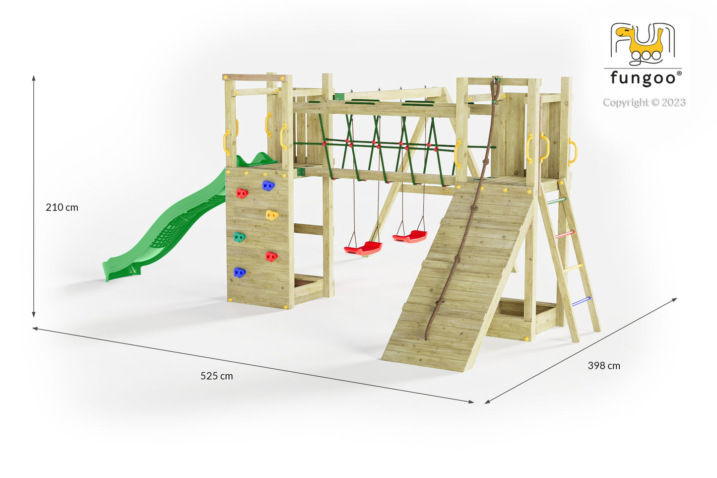 Fungoo Spielturm Maxi Funny Exposure mit 2 Türmen, Kletterwand und Rampe