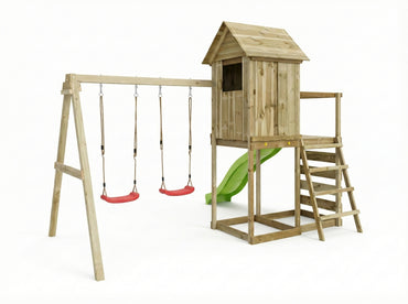 MaxPlay Spielturm 5 mit Spielhaus, Balkon, Doppel-Schaukel, Wellenrutsche und Kletterwand
