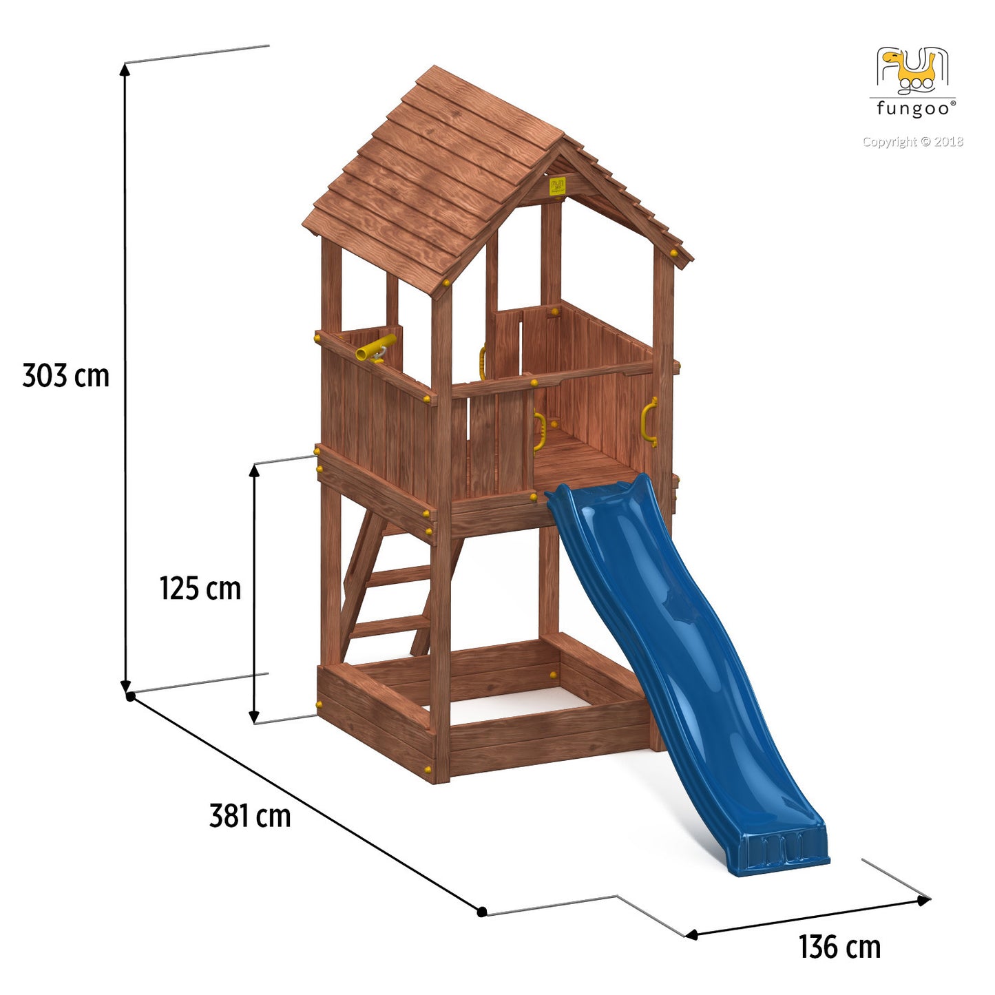 Spielturm Joy mit Rutsche blau, Holzdach und Sandkasten