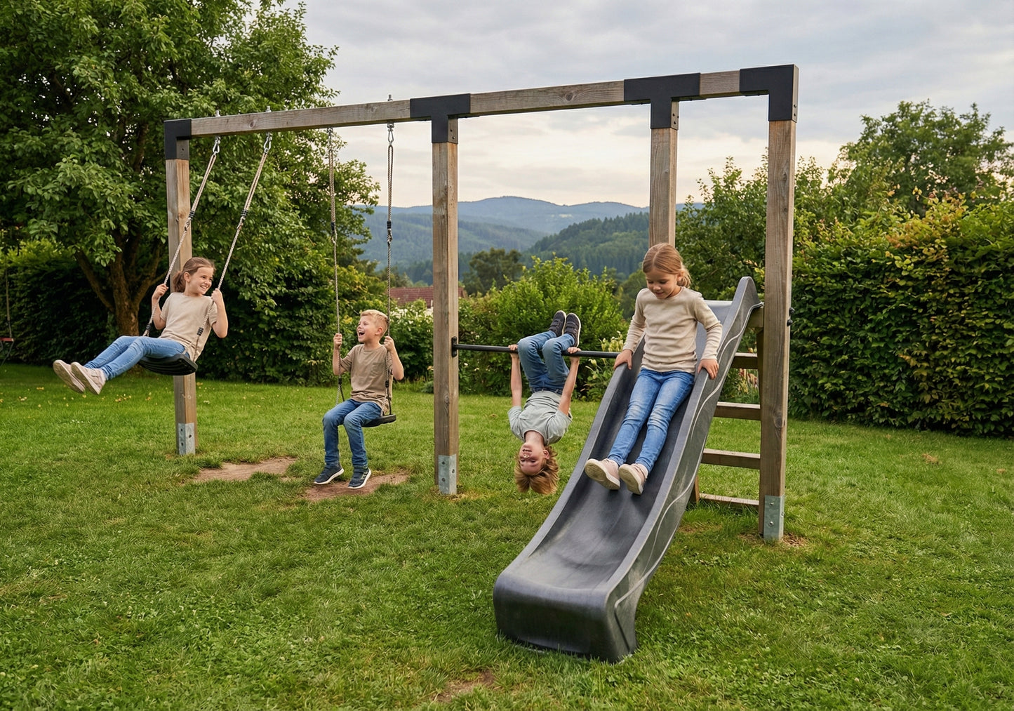 EXIT Linea Robust 110 doppelte Holzschaukel mit Reckstange und Rutsche