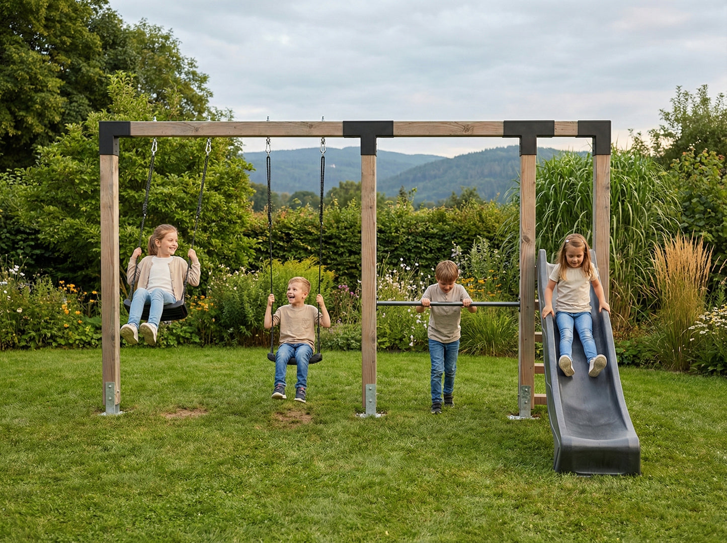 EXIT Linea Robust 110 doppelte Holzschaukel mit Reckstange und Rutsche