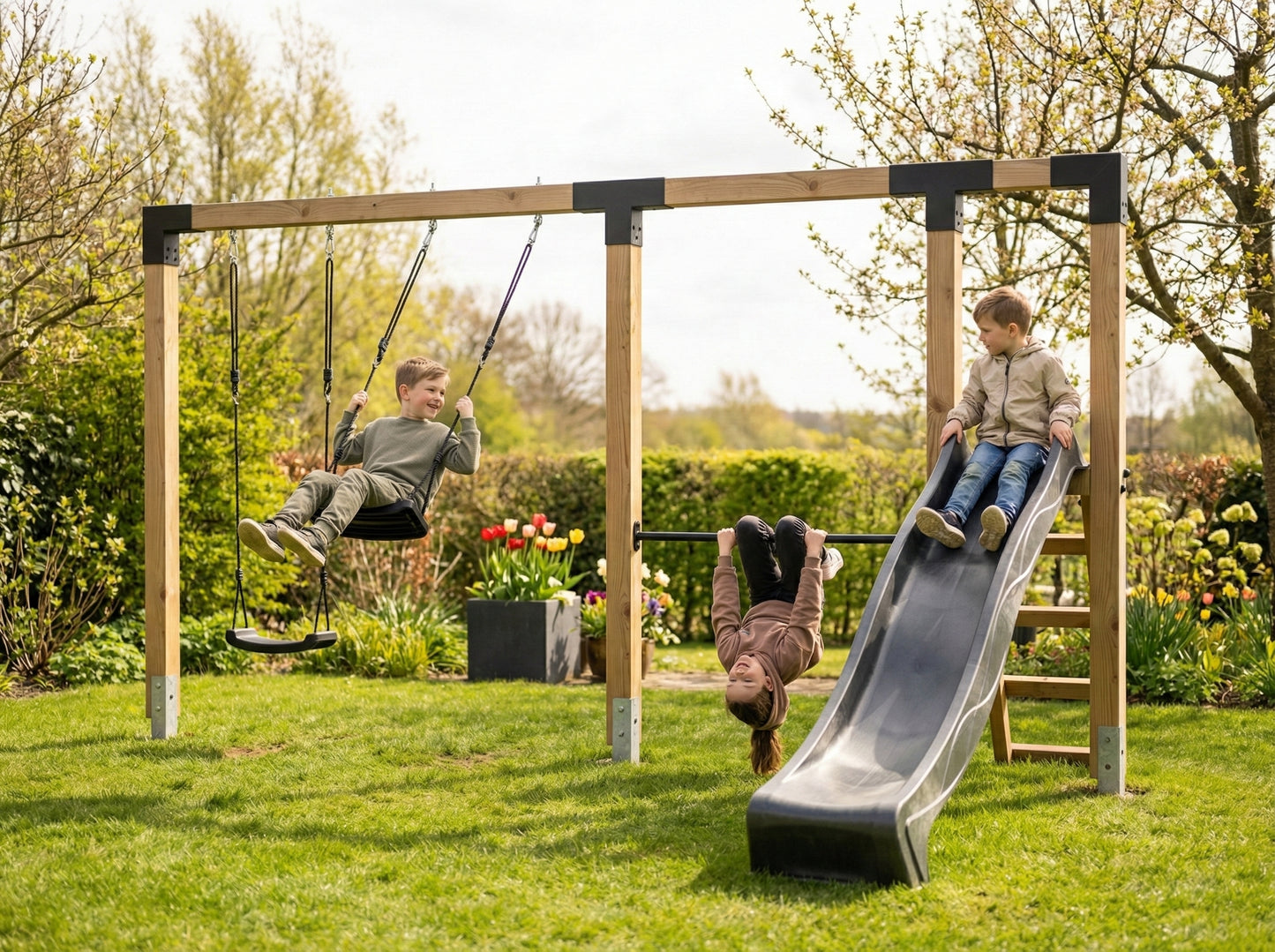 EXIT Linea Robust 110 doppelte Holzschaukel mit Reckstange und Rutsche
