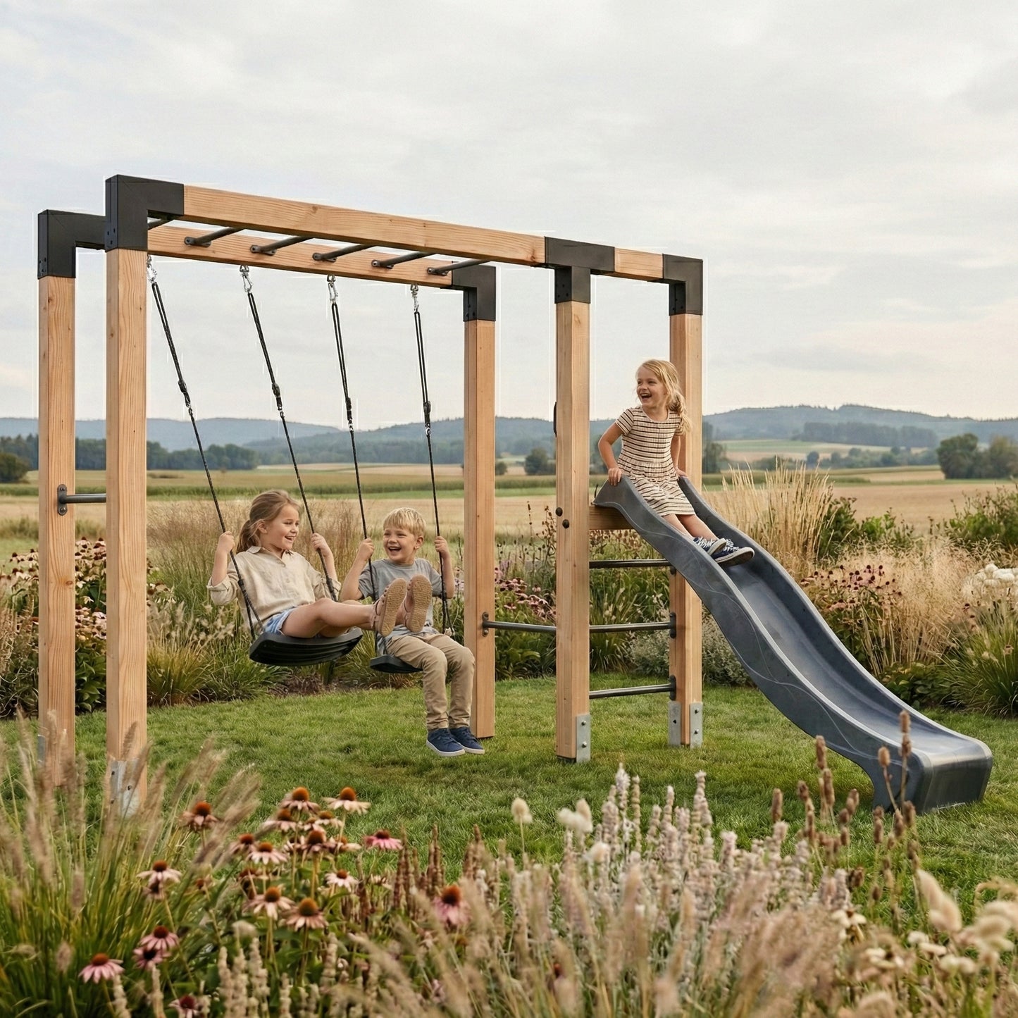 EXIT Linea Robust 110 Holz-Monkeybar mit Doppelschaukel und Rutsche