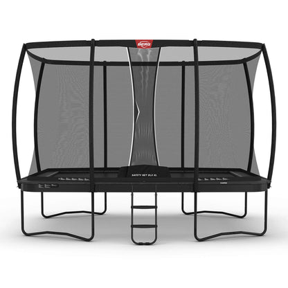 BERG Trampolin Ultim Champion Regular 410 grau rechteckig mit Sicherheitsnetz Deluxe XL + Leiter