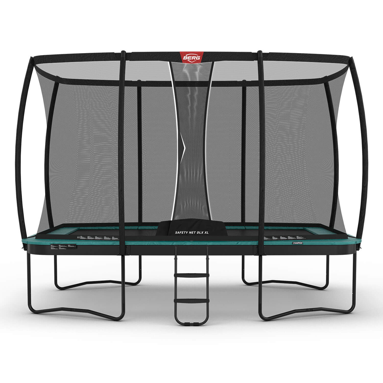 BERG Trampolin Ultim Champion Regular 410 grün rechteckig mit Sicherheitsnetz Deluxe XL + Leiter