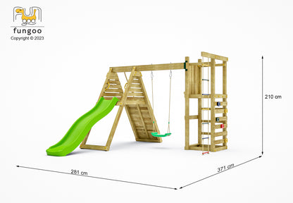 Fungoo Spielturm Climber mit Rutsche, Schaukel und Rampe mit Kletterseil