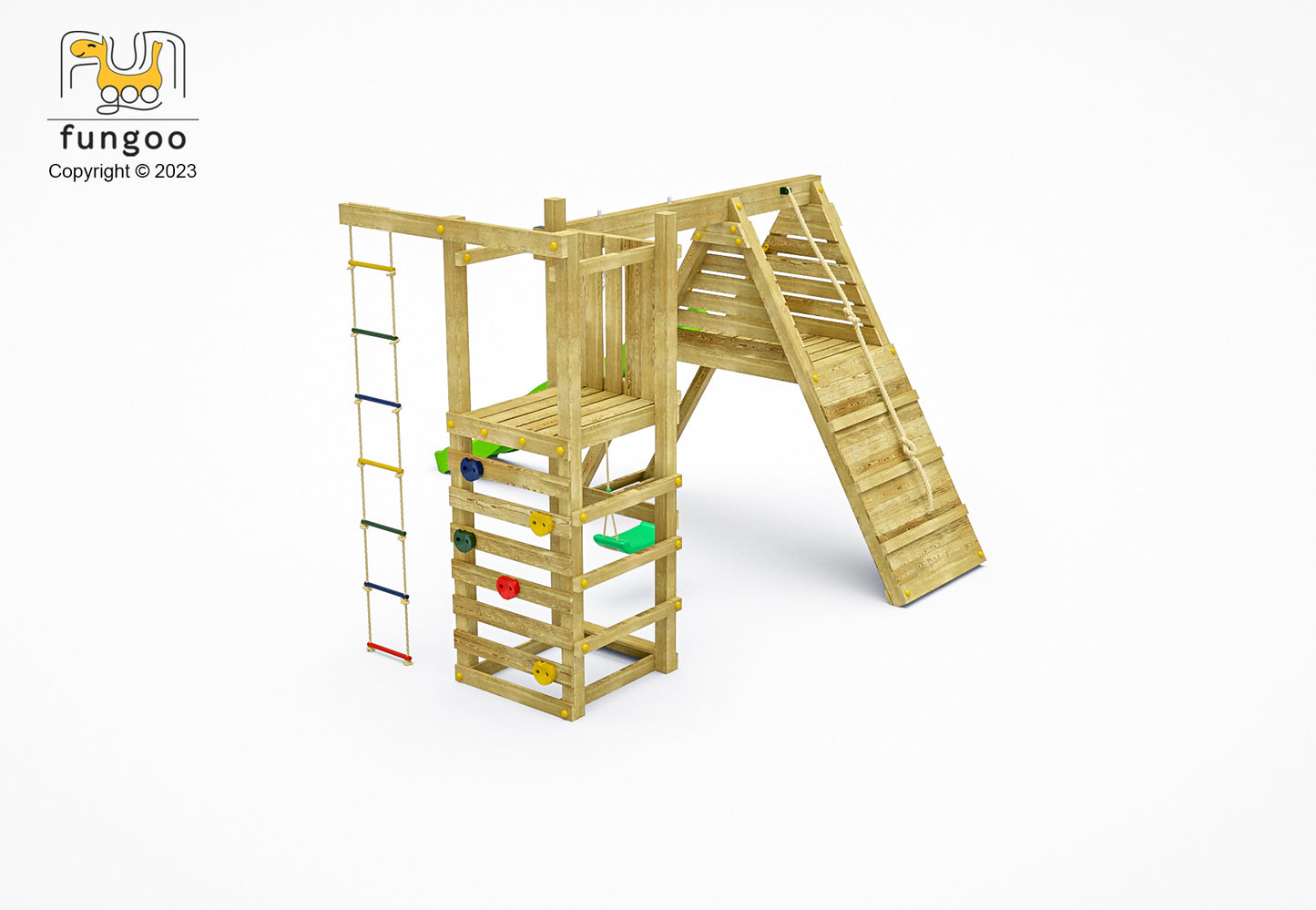 Fungoo Spielturm Climber mit Rutsche, Schaukel und Rampe mit Kletterseil