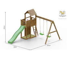 Fungoo Spielturm Boomer 3 mit Rutsche, Doppelschaukel, Kletterwand und Dach