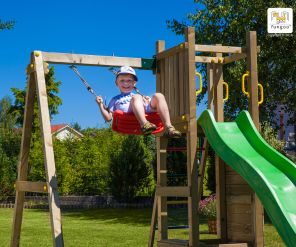 Spielturm Funny 3 aus Holz mit Rutsche, Schaukel und Kletterwand