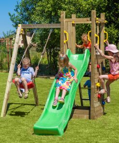 Spielturm Funny 3 aus Holz mit Rutsche, Schaukel und Kletterwand