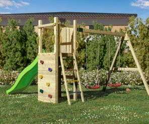 Spielturm Funny 3 aus Holz mit Rutsche, Doppelschaukel und Kletterwand