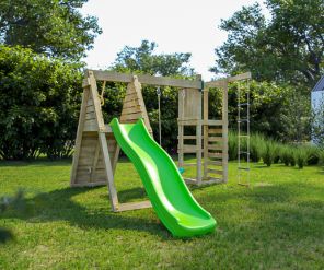 Fungoo Spielturm Climber mit Rutsche, Schaukel und Rampe mit Kletterseil