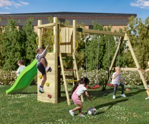 Spielturm Funny 3 aus Holz mit Rutsche, Doppelschaukel und Kletterwand