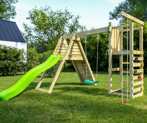 Fungoo Spielturm Climber mit Rutsche, Schaukel und Rampe mit Kletterseil