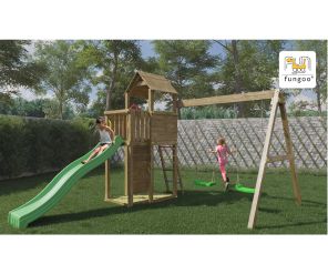 Fungoo Spielturm Boomer 3 mit Rutsche, Doppelschaukel, Kletterwand und Dach