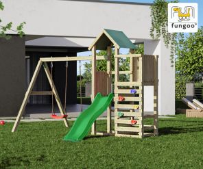 Fungoo Chester Mini Spielplatz mit Doppelschaukel, Rutsche, Kletterwand