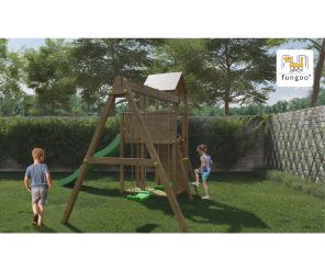 Fungoo Spielturm Boomer 3 mit Rutsche, Doppelschaukel, Kletterwand und Dach