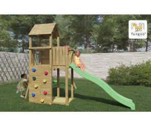 Fungoo Spielturm Boomer 3 mit Rutsche, Doppelschaukel, Kletterwand und Dach