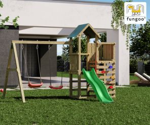 Fungoo Chester Mini Spielplatz mit Doppelschaukel, Rutsche, Kletterwand