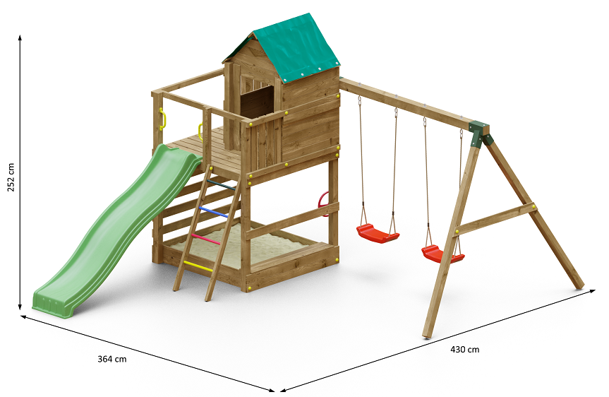 Spielturm Jarcas 4 mit Rutsche, Doppelschaukel, Kletterwand und Sandkasten