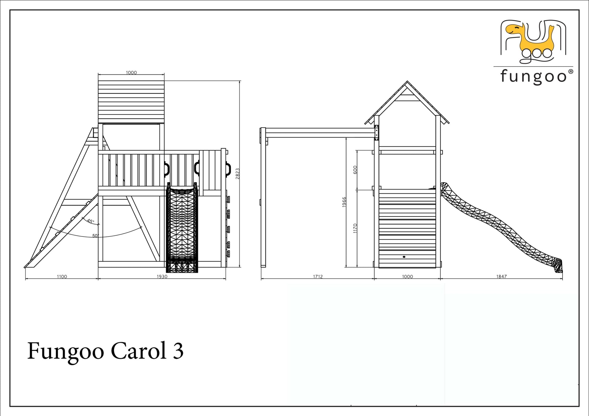 Spielturm Carol 3 grau mit Rutsche, Schaukel, Rampe und Kletterwand