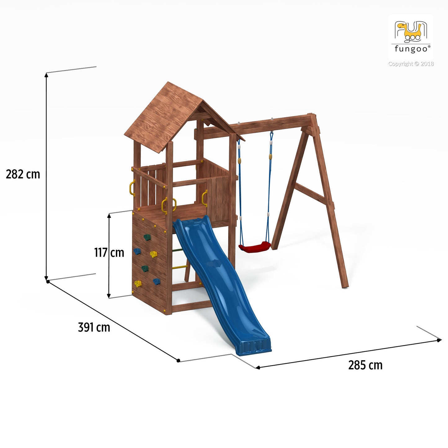 Spielturm Carol 2 aus Holz mit Rutsche, Schaukel und Kletterwand