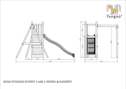 Spielturm Funny 3 aus Holz mit Rutsche, Schaukel und Kletterwand
