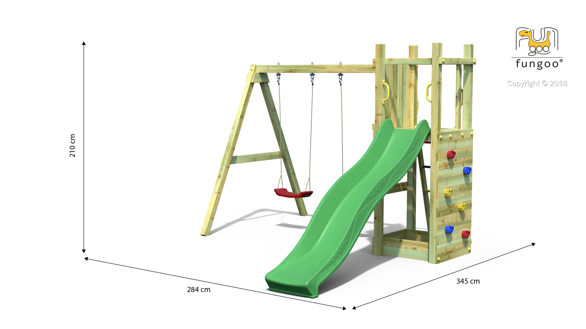 Spielturm Funny 3 aus Holz mit Rutsche, Doppelschaukel und Kletterwand