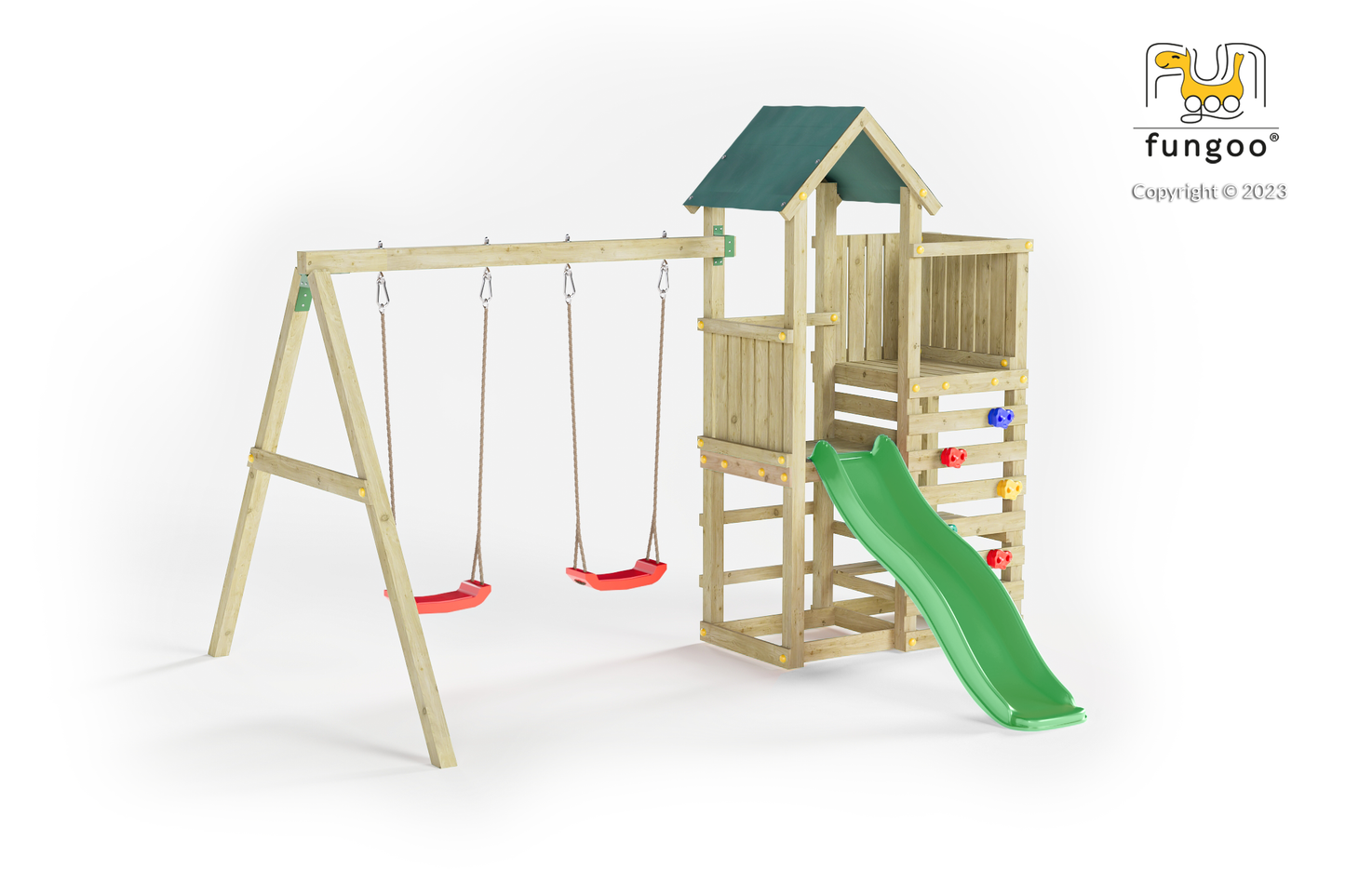 Fungoo Chester Mini Spielplatz mit Doppelschaukel, Rutsche, Kletterwand