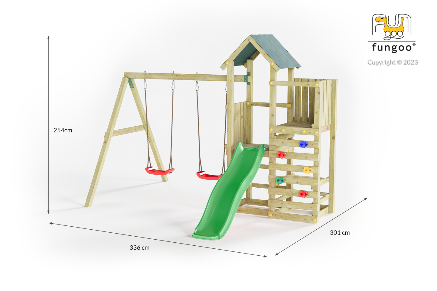 Fungoo Chester Mini Spielplatz mit Doppelschaukel, Rutsche, Kletterwand