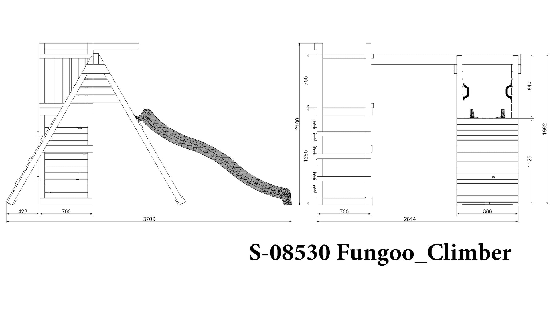 Fungoo Spielturm Climber mit Rutsche, Schaukel und Rampe mit Kletterseil