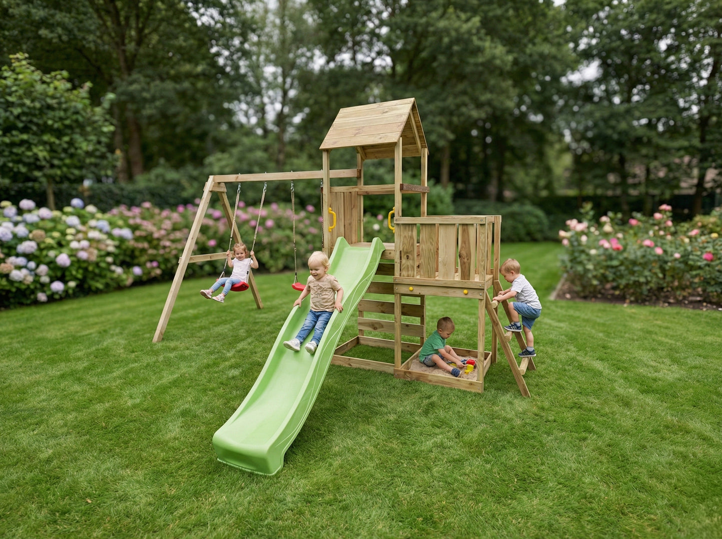 MaxPlay Spielturm 3.2 mit Doppel-Schaukel, Wellenrutsche und 2 Plattformen