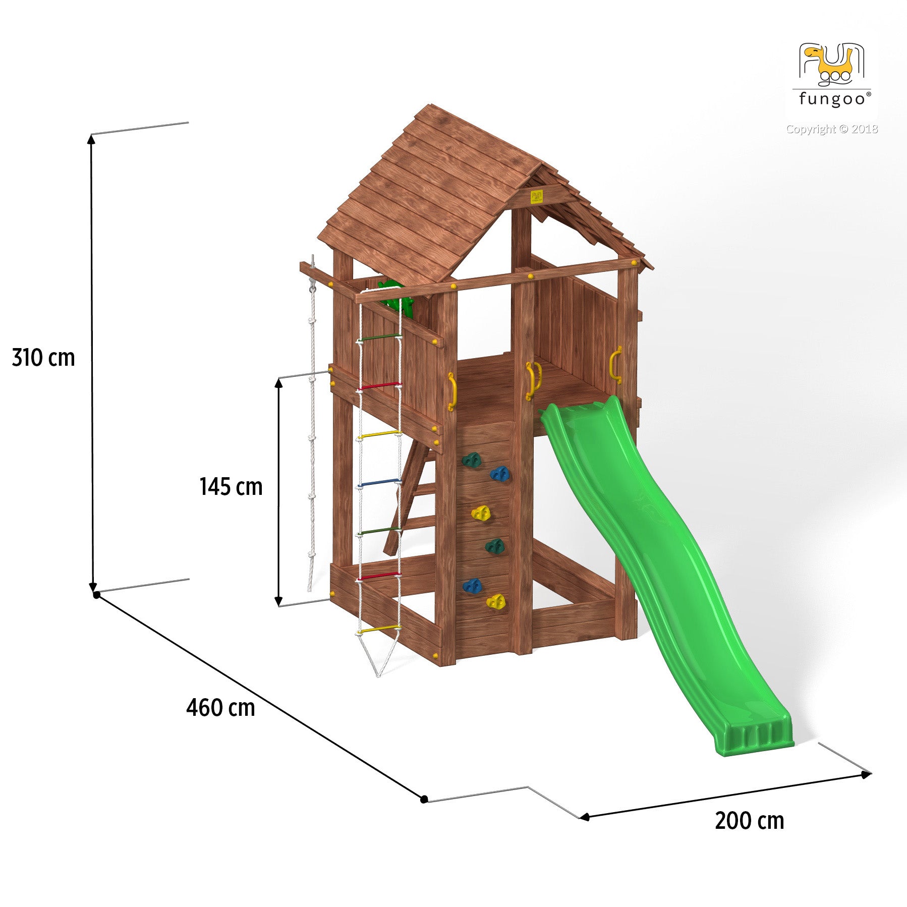 Spielturm Fortress mit Rutsche grün, Holzdach, Strickleiter, Kletterseil und Sandkasten