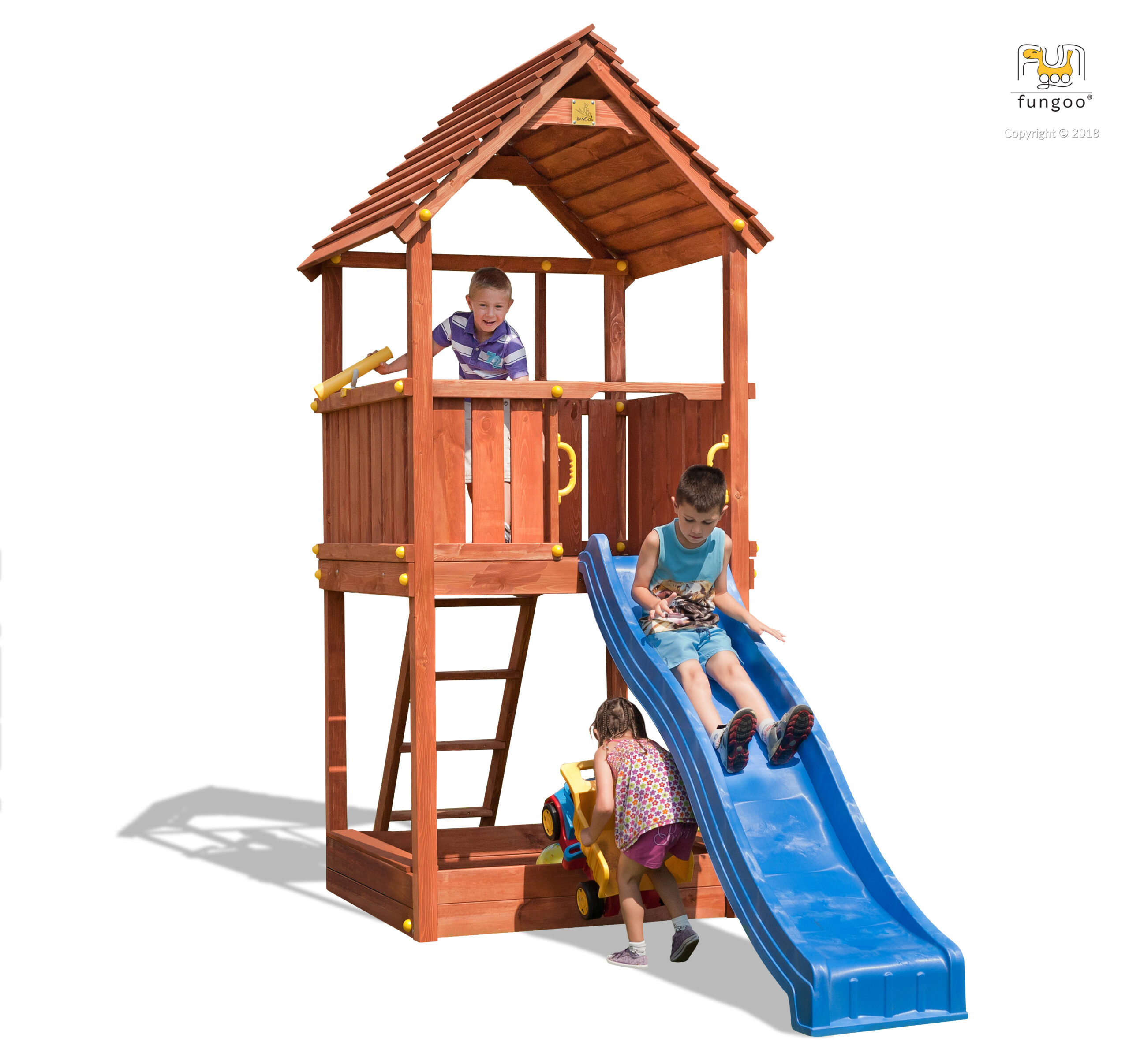 Spielturm Joy mit Rutsche blau, Holzdach und Sandkasten