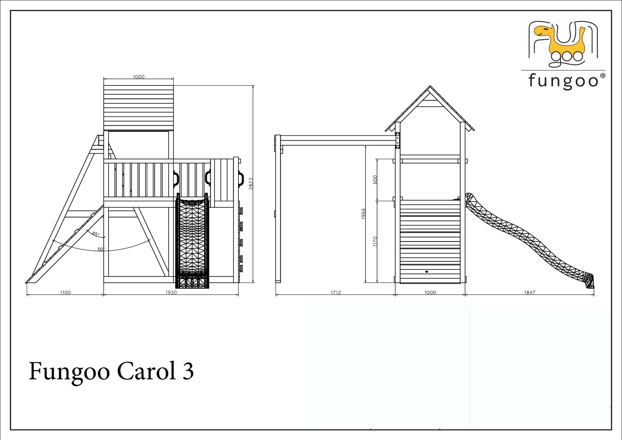Spielturm Carol 3 grau mit Rutsche, Schaukel, Rampe und Kletterwand