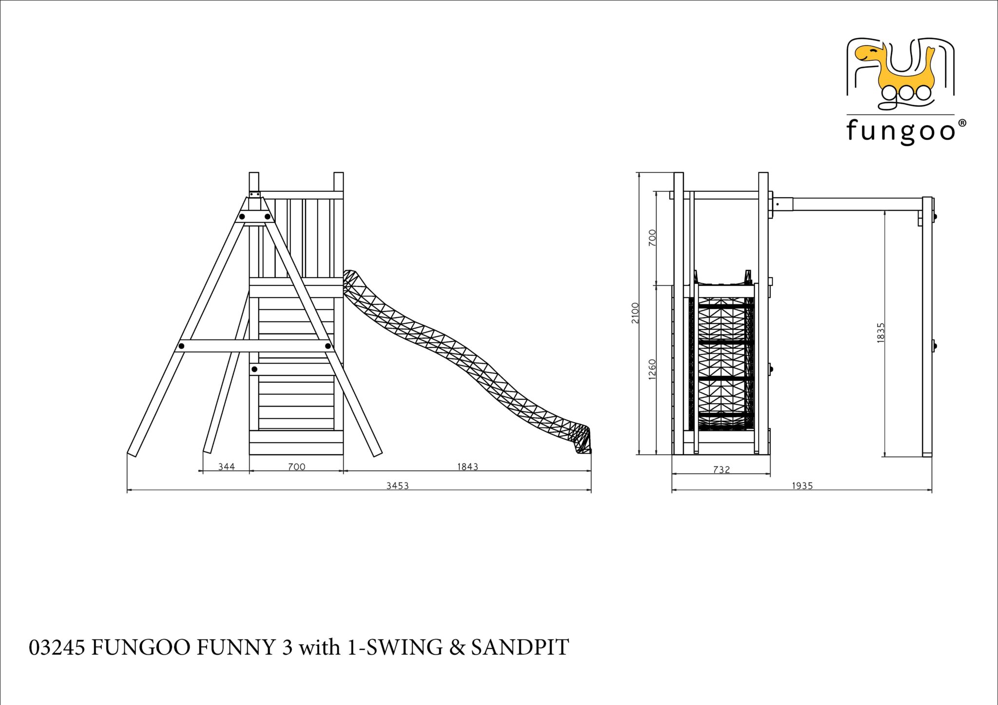 Spielturm Funny 3 aus Holz mit Rutsche, Schaukel und Kletterwand