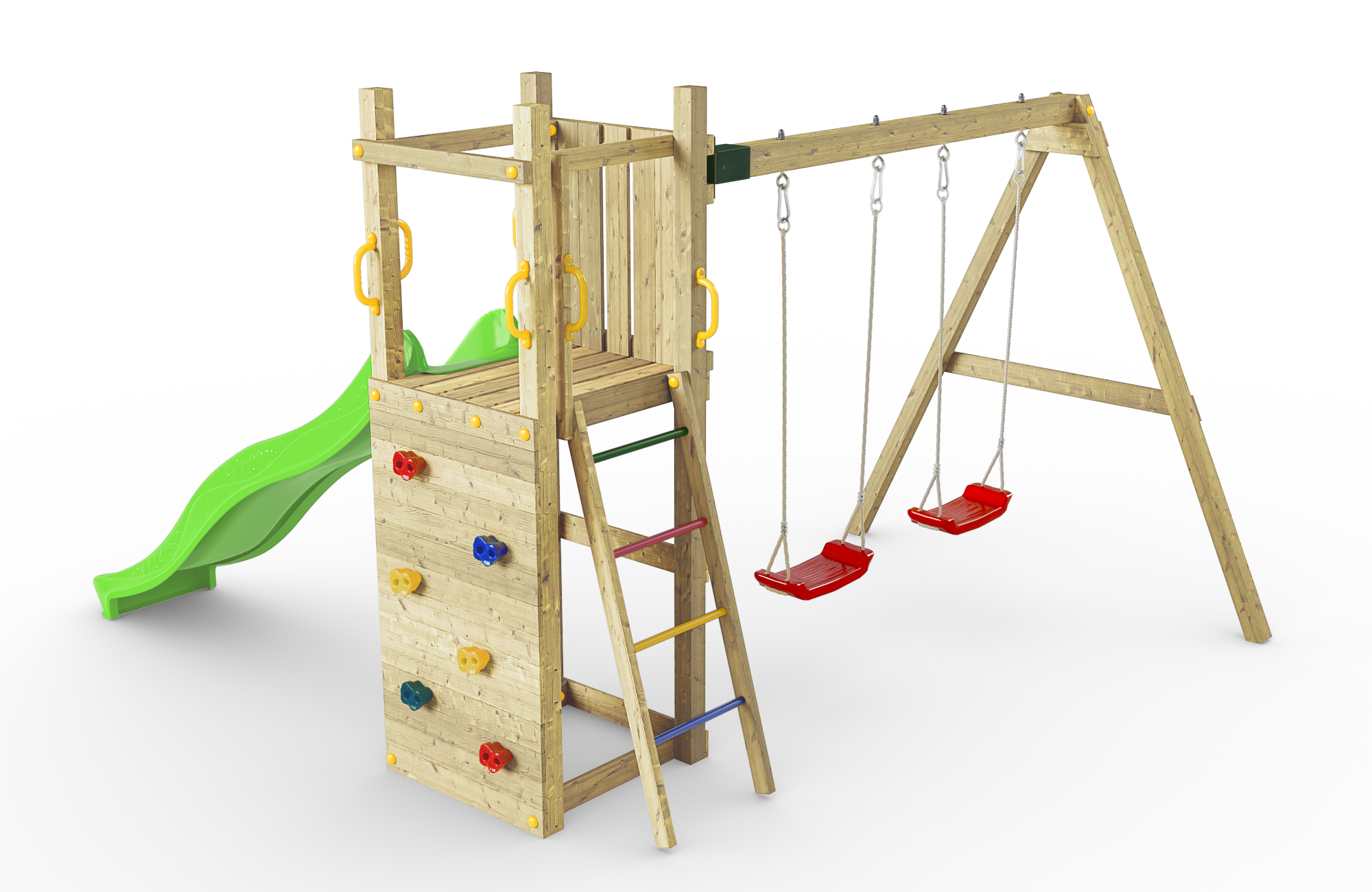 Spielturm Funny 3 aus Holz mit Rutsche, Doppelschaukel und Kletterwand