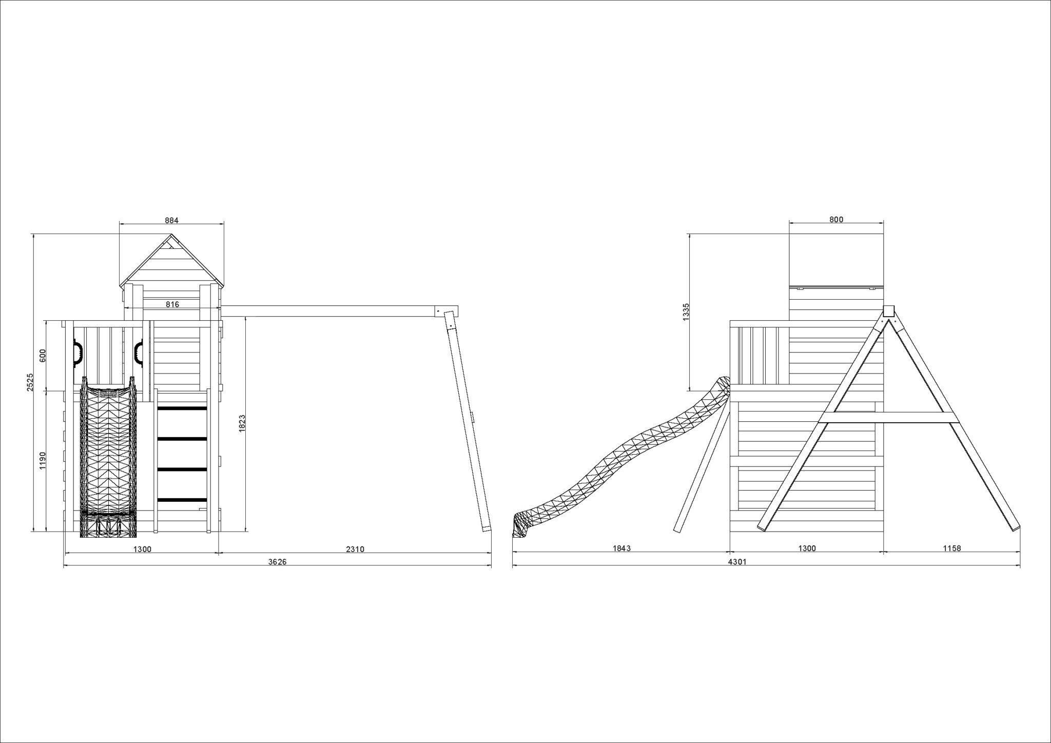 Fungoo Spielturm Jarcas 4 mit Rutsche, Doppelschaukel, Kletterwand und Holzhaus