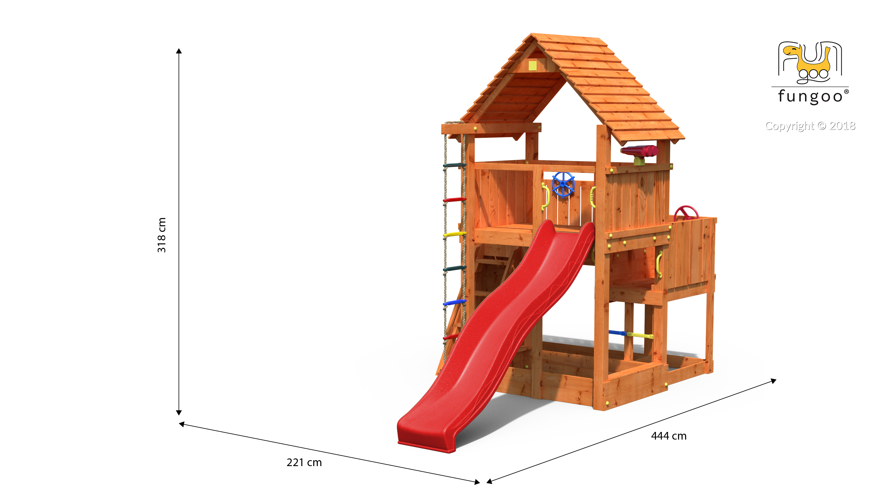 Spielturm Big Leader mit Rutsche rot, Holzdach, Strickleiter und Sandkasten