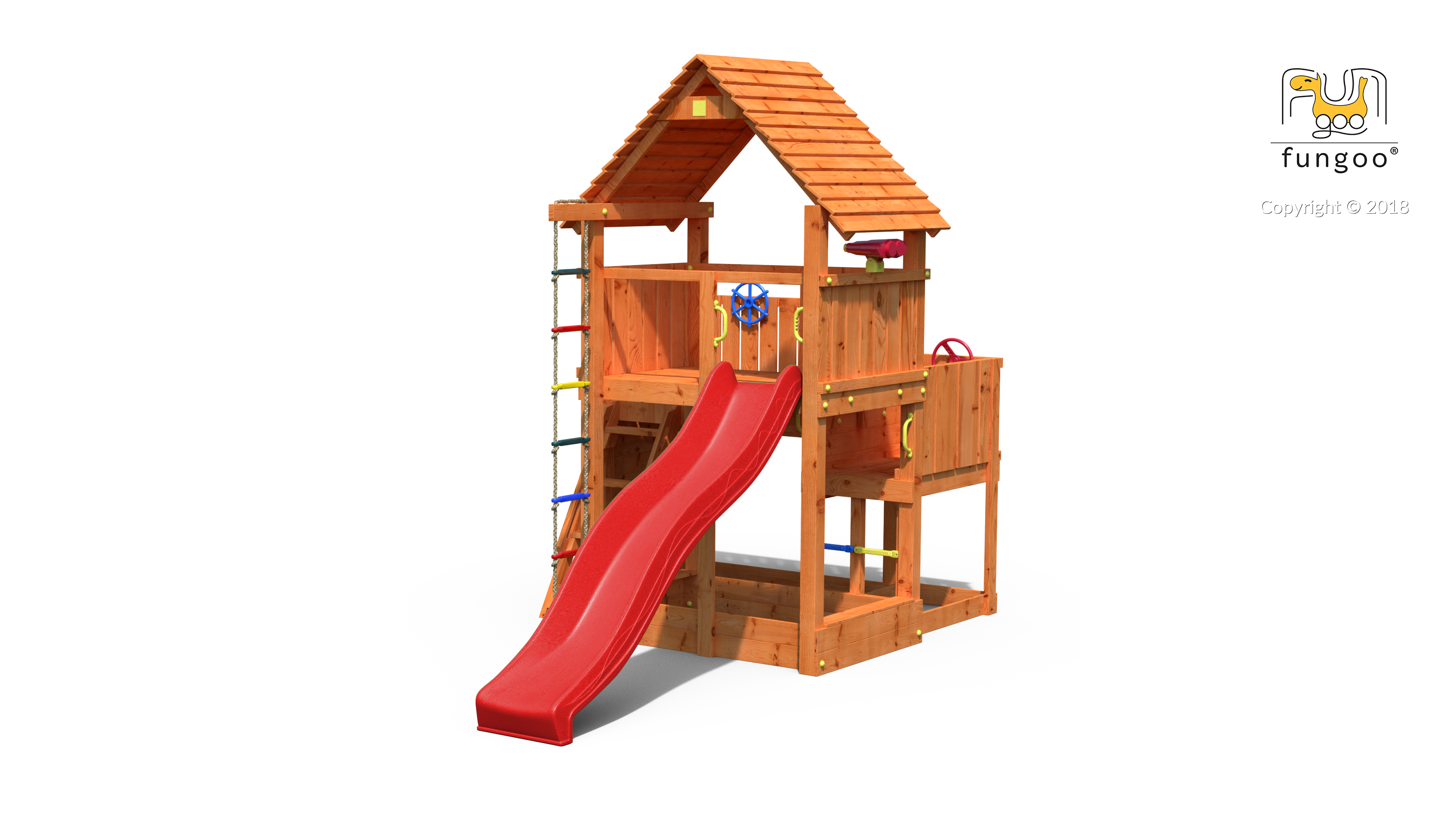 Spielturm Big Leader mit Rutsche rot, Holzdach, Strickleiter und Sandkasten